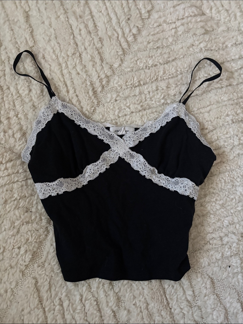 Black Lace-Trim Camisole with White Accents